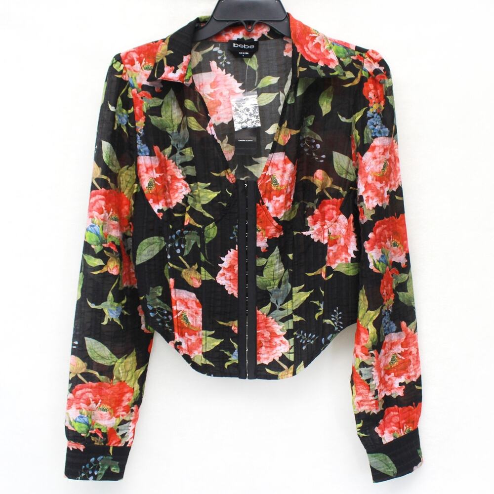 Bebe Corset Hook Eye Blouse Top Cropped Long Sleeve Floral Print Y2K Size 4 NWT
